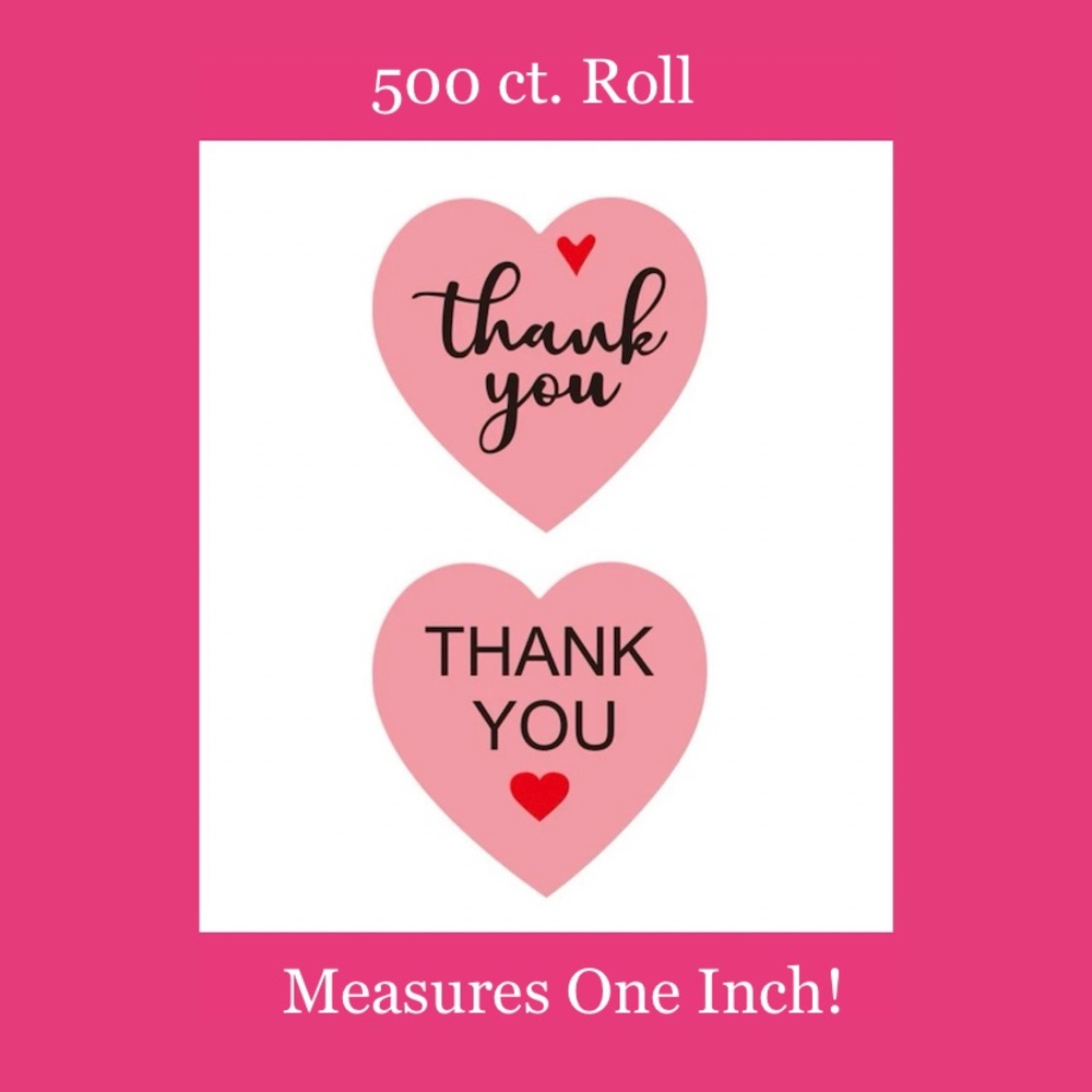 💕SOLD OUT💕NEW💕 Pink Heart Thank You Sticker Roll of 500 - Picture 3 of 4